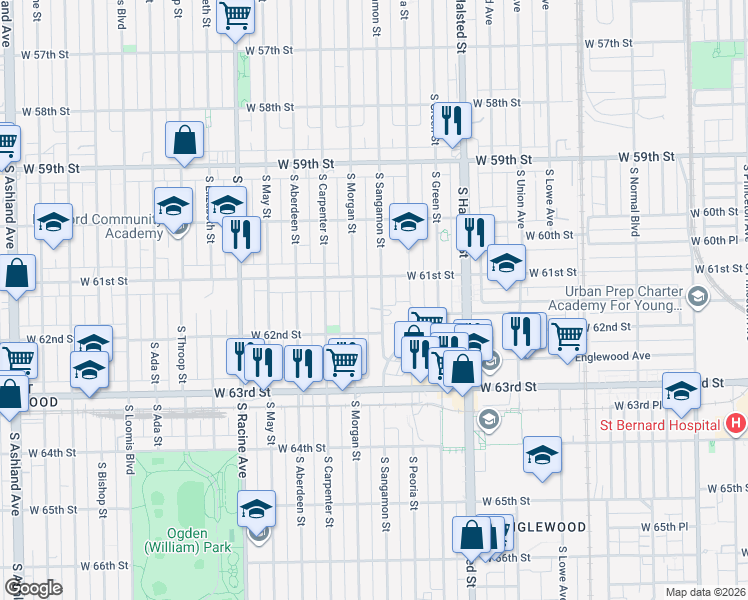 map of restaurants, bars, coffee shops, grocery stores, and more near 6125 South Morgan Street in Chicago
