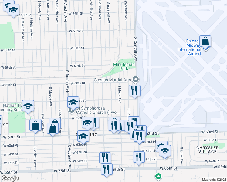 map of restaurants, bars, coffee shops, grocery stores, and more near 6035 South Massasoit Avenue in Chicago