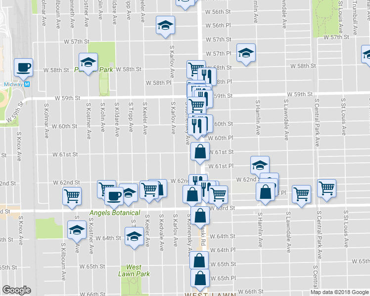 map of restaurants, bars, coffee shops, grocery stores, and more near 6052 South Komensky Avenue in Chicago