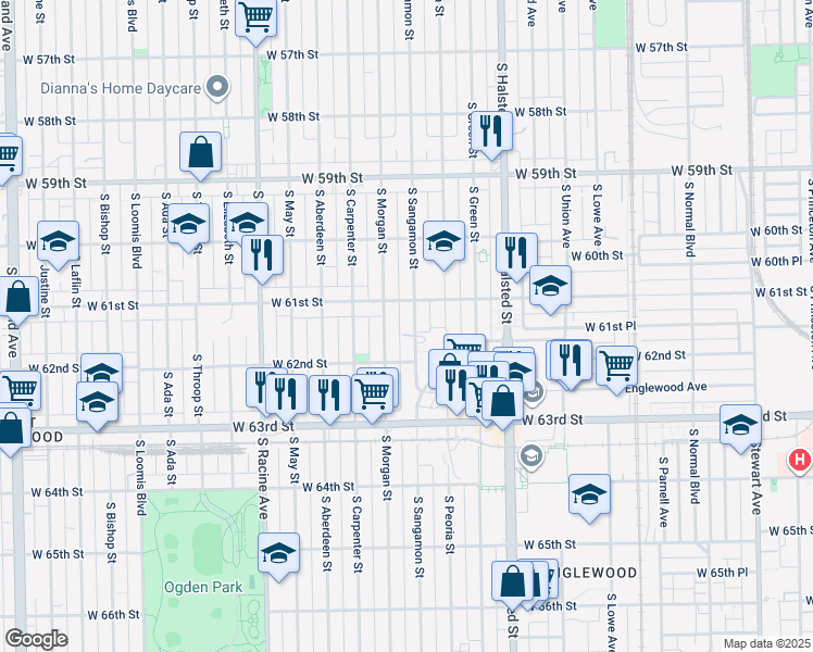 map of restaurants, bars, coffee shops, grocery stores, and more near 6124 South Sangamon Street in Chicago