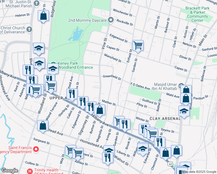 map of restaurants, bars, coffee shops, grocery stores, and more near 104 Vine Street in Hartford