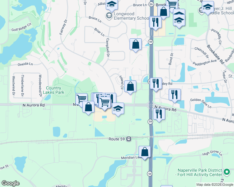 map of restaurants, bars, coffee shops, grocery stores, and more near 705 Fairway Drive in Naperville