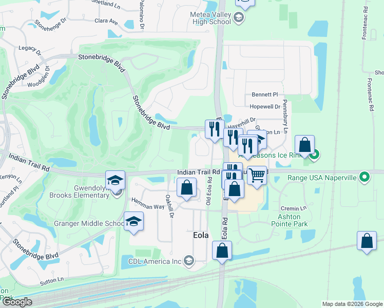 map of restaurants, bars, coffee shops, grocery stores, and more near 1227 Townes Circle in Aurora