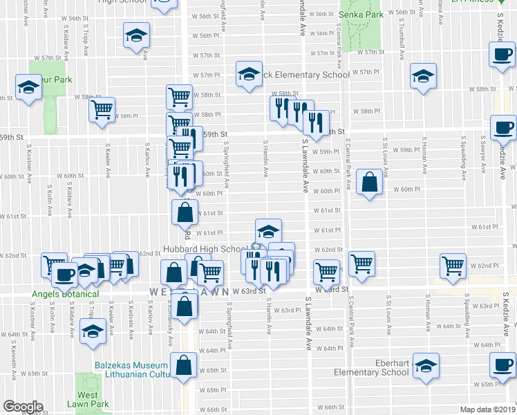 map of restaurants, bars, coffee shops, grocery stores, and more near 3810 West 61st Street in Chicago