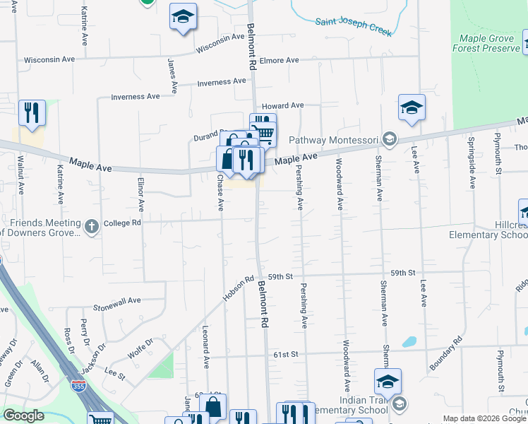 map of restaurants, bars, coffee shops, grocery stores, and more near 5709 Belmont Road in Downers Grove