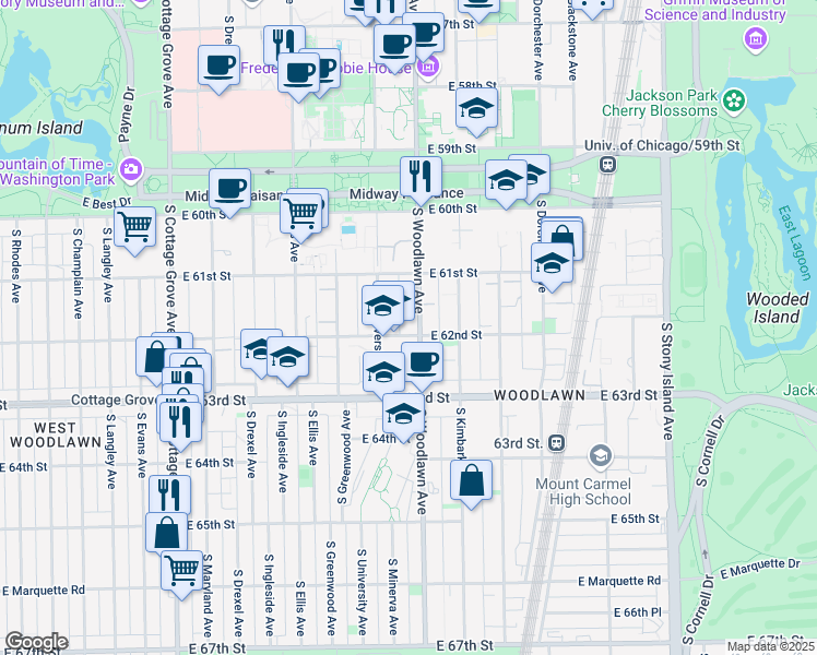 map of restaurants, bars, coffee shops, grocery stores, and more near 6150 South Woodlawn Avenue in Chicago