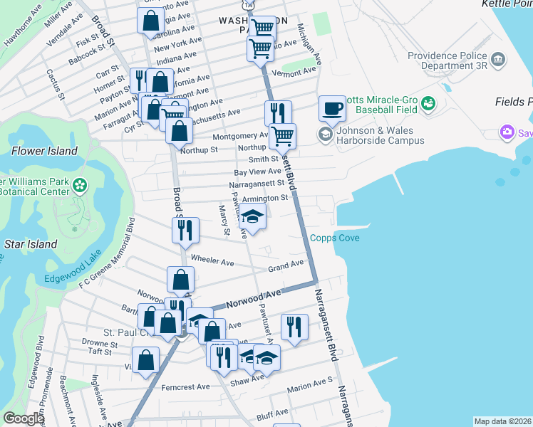map of restaurants, bars, coffee shops, grocery stores, and more near 41 Central Street in Cranston