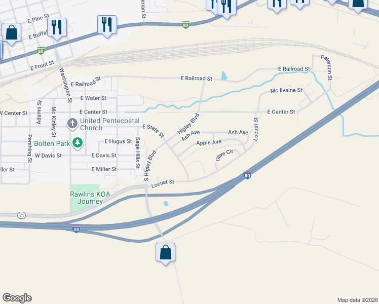 map of restaurants, bars, coffee shops, grocery stores, and more near Apple Ave in Rawlins