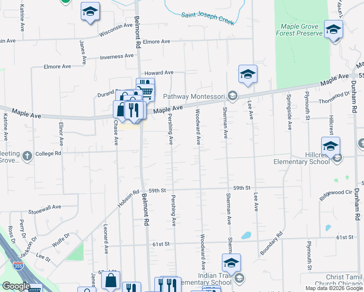 map of restaurants, bars, coffee shops, grocery stores, and more near 2151 Blanchard Street in Downers Grove