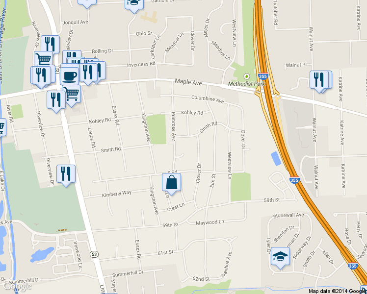 map of restaurants, bars, coffee shops, grocery stores, and more near 620 Rose Court in Lisle
