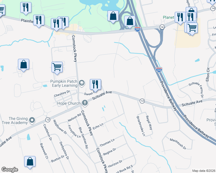 map of restaurants, bars, coffee shops, grocery stores, and more near 1039 Scituate Avenue in Cranston