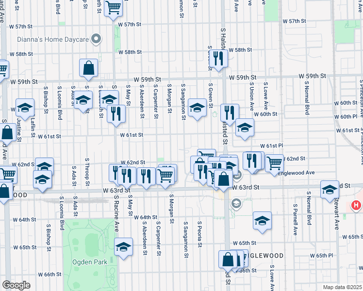 map of restaurants, bars, coffee shops, grocery stores, and more near 6124 South Sangamon Street in Chicago