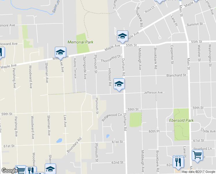 map of restaurants, bars, coffee shops, grocery stores, and more near 5730 Hillcrest Road in Downers Grove