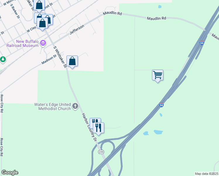 map of restaurants, bars, coffee shops, grocery stores, and more near 18567 Harbor Country Drive in New Buffalo
