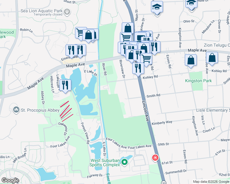 map of restaurants, bars, coffee shops, grocery stores, and more near 5609 River Road in Lisle