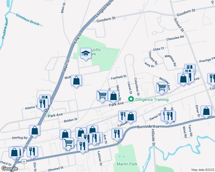 map of restaurants, bars, coffee shops, grocery stores, and more near 53 Garden Street in East Hartford