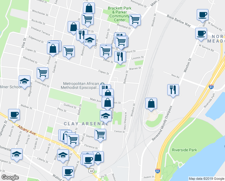 map of restaurants, bars, coffee shops, grocery stores, and more near 151 Wooster Street in Hartford