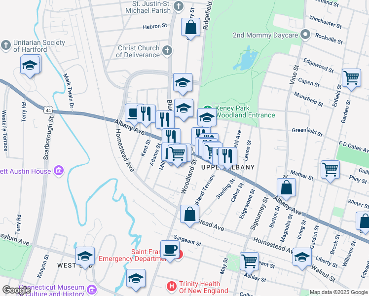 map of restaurants, bars, coffee shops, grocery stores, and more near in Hartford