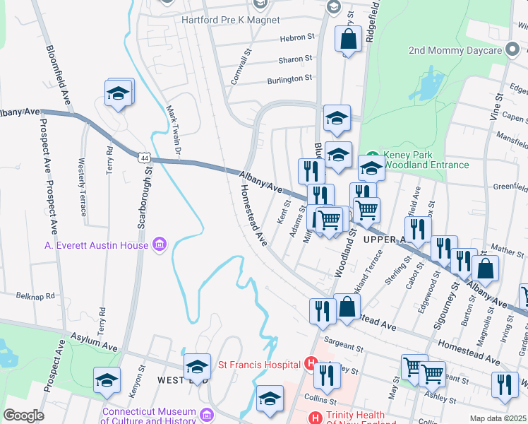 map of restaurants, bars, coffee shops, grocery stores, and more near 19 Baltimore Street in Hartford