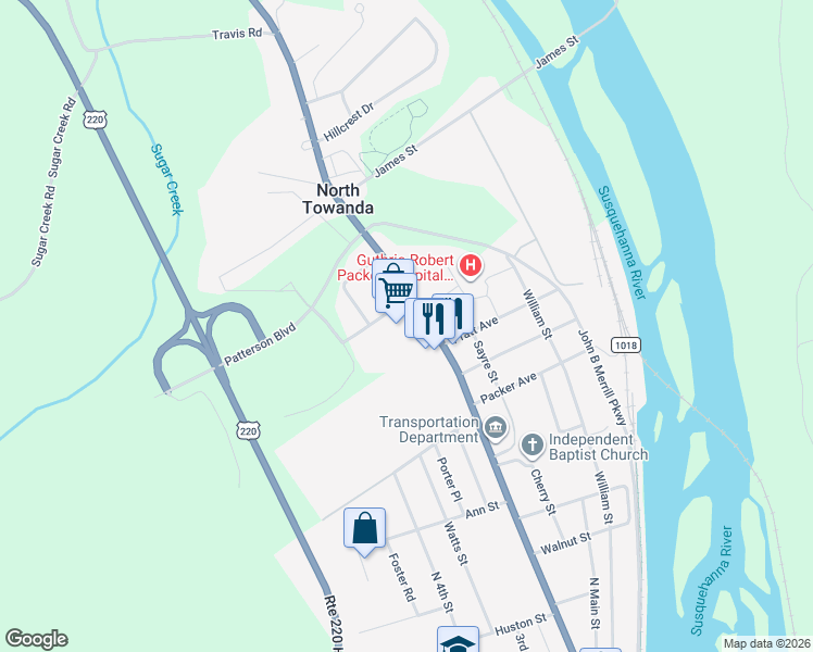 map of restaurants, bars, coffee shops, grocery stores, and more near 387 Grand Army of the Republic Highway in Towanda