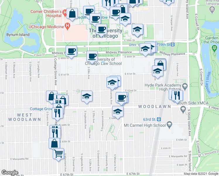 map of restaurants, bars, coffee shops, grocery stores, and more near 1126 East 62nd Street in Chicago