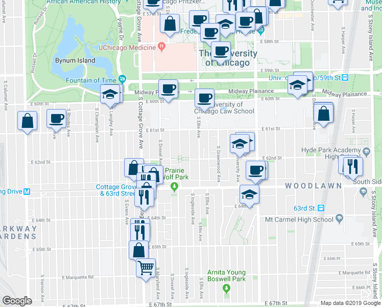 map of restaurants, bars, coffee shops, grocery stores, and more near 6156 South Ellis Avenue in Chicago