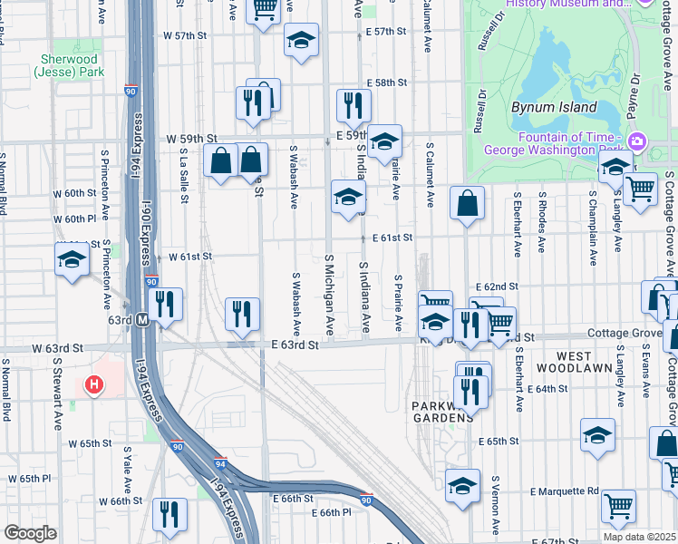 map of restaurants, bars, coffee shops, grocery stores, and more near 6140 South Indiana Avenue in Chicago
