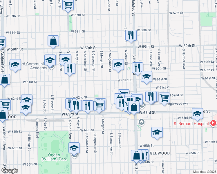 map of restaurants, bars, coffee shops, grocery stores, and more near 6125 South Morgan Street in Chicago