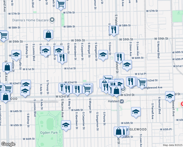 map of restaurants, bars, coffee shops, grocery stores, and more near 6125 South Morgan Street in Chicago