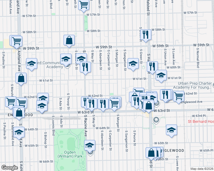 map of restaurants, bars, coffee shops, grocery stores, and more near 6128 South Carpenter Street in Chicago
