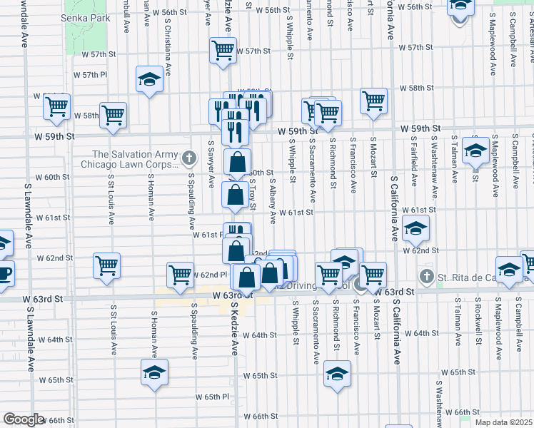 map of restaurants, bars, coffee shops, grocery stores, and more near 6105 South Albany Avenue in Chicago