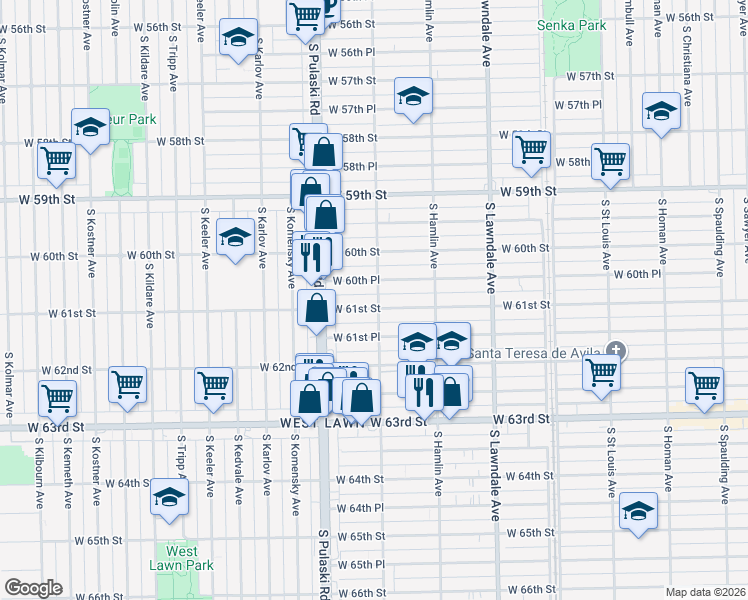 map of restaurants, bars, coffee shops, grocery stores, and more near 3852 West 61st Street in Chicago