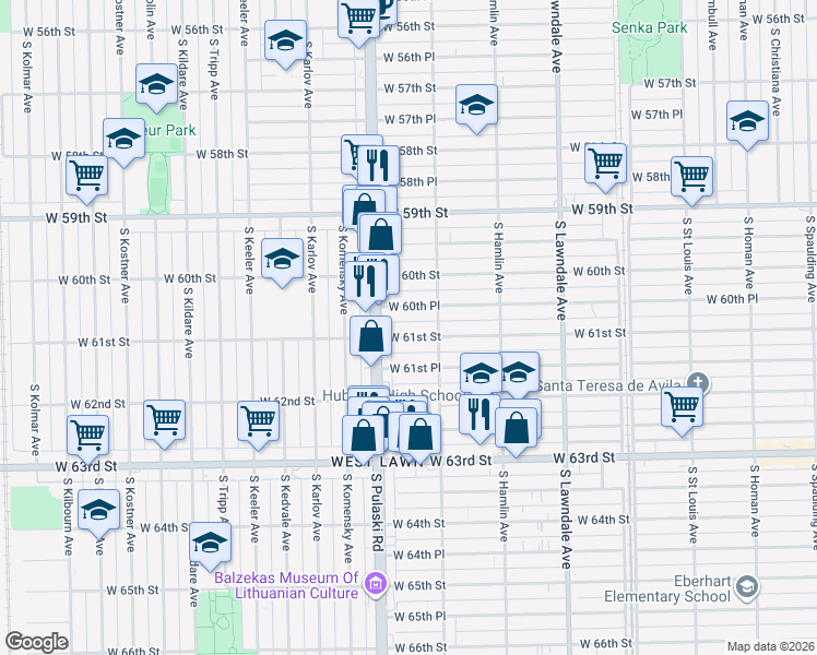 map of restaurants, bars, coffee shops, grocery stores, and more near 3926 West 61st Street in Chicago