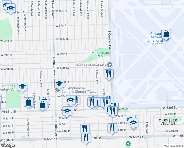 map of restaurants, bars, coffee shops, grocery stores, and more near 6035 South Massasoit Avenue in Chicago
