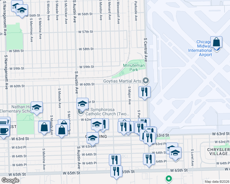 map of restaurants, bars, coffee shops, grocery stores, and more near 6031 South Menard Avenue in Chicago