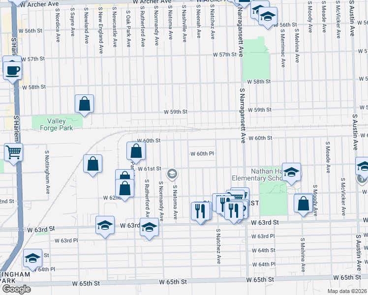 map of restaurants, bars, coffee shops, grocery stores, and more near 6554 West 60th Place in Chicago