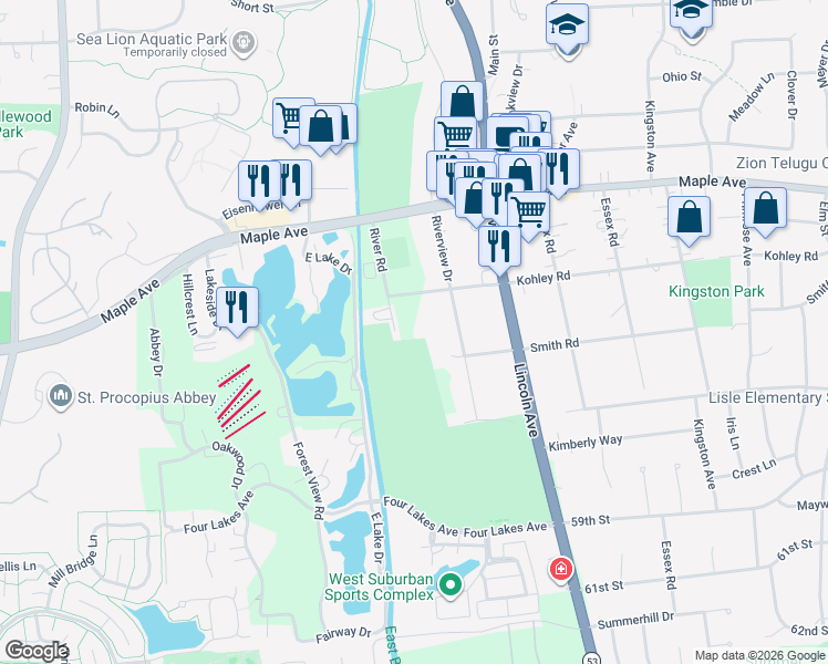 map of restaurants, bars, coffee shops, grocery stores, and more near 5609 River Road in Lisle