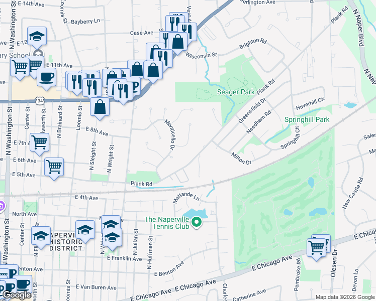 map of restaurants, bars, coffee shops, grocery stores, and more near 808 Lyndhurst Court in Naperville