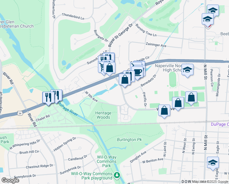 map of restaurants, bars, coffee shops, grocery stores, and more near 701 Royal Saint George Drive in Naperville