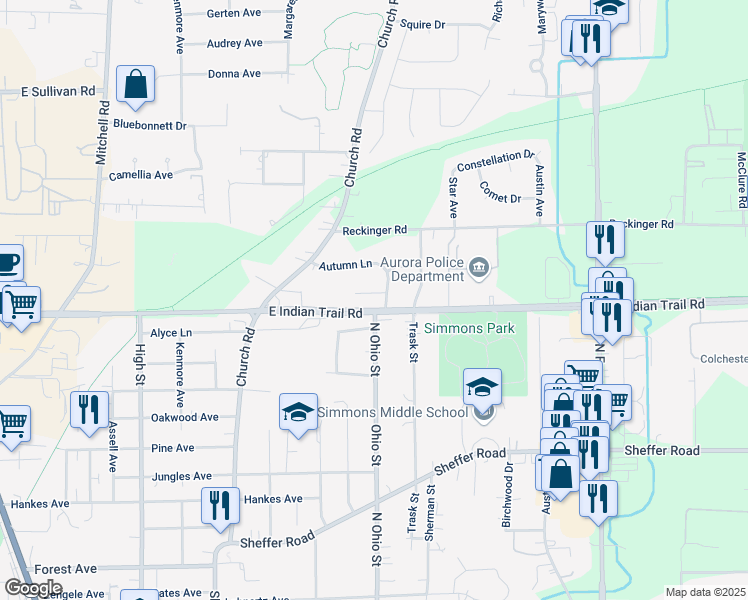 map of restaurants, bars, coffee shops, grocery stores, and more near 1001 Apple Court in Aurora