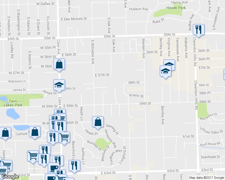 map of restaurants, bars, coffee shops, grocery stores, and more near 716 Fairfield Court in Westmont