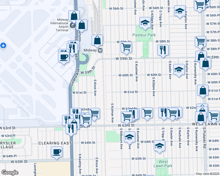 map of restaurants, bars, coffee shops, grocery stores, and more near 6046 South Kolmar Avenue in Chicago