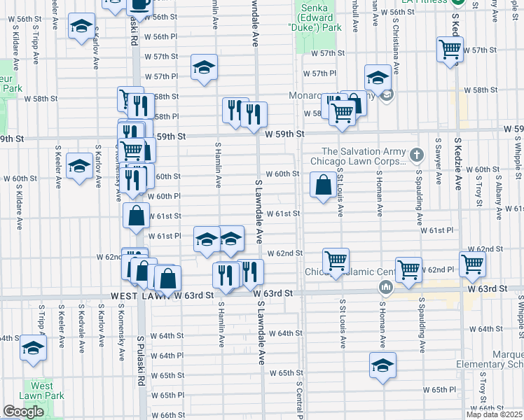 map of restaurants, bars, coffee shops, grocery stores, and more near 3656 West 61st Street in Chicago
