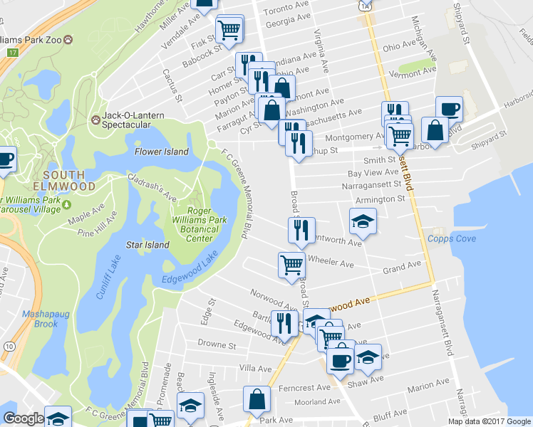 map of restaurants, bars, coffee shops, grocery stores, and more near 205 Wentworth Avenue in Cranston