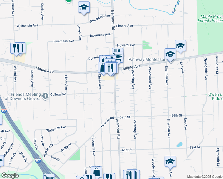 map of restaurants, bars, coffee shops, grocery stores, and more near 2220 College Road in Downers Grove