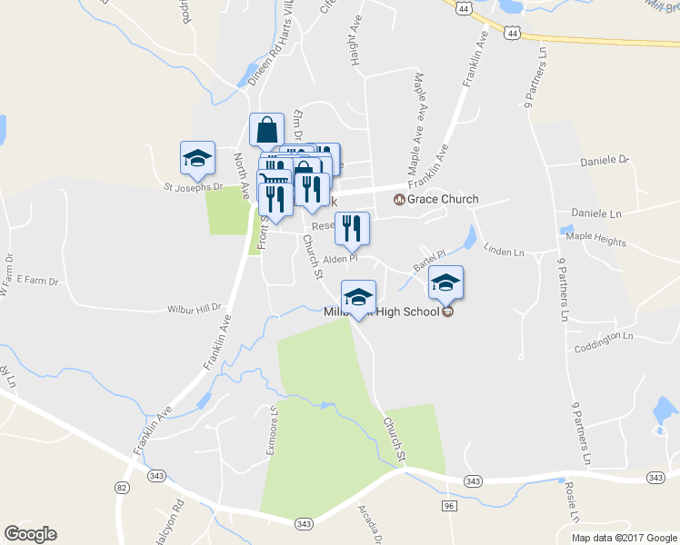 map of restaurants, bars, coffee shops, grocery stores, and more near 10 Alden Place in Millbrook