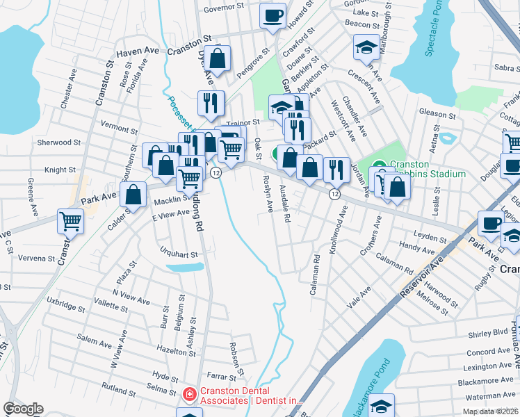 map of restaurants, bars, coffee shops, grocery stores, and more near 60 Loretta Street in Cranston