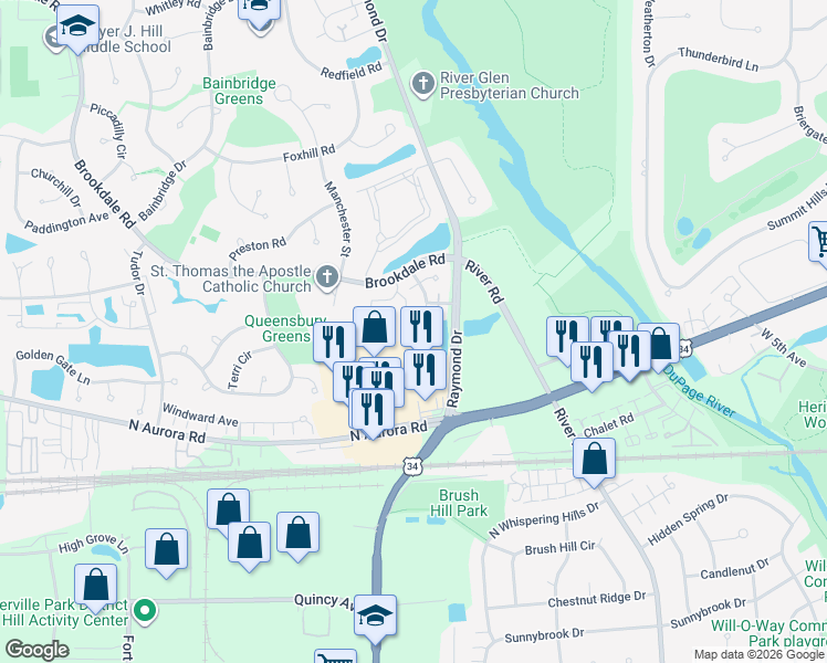 map of restaurants, bars, coffee shops, grocery stores, and more near 643 Beaver Court in Naperville