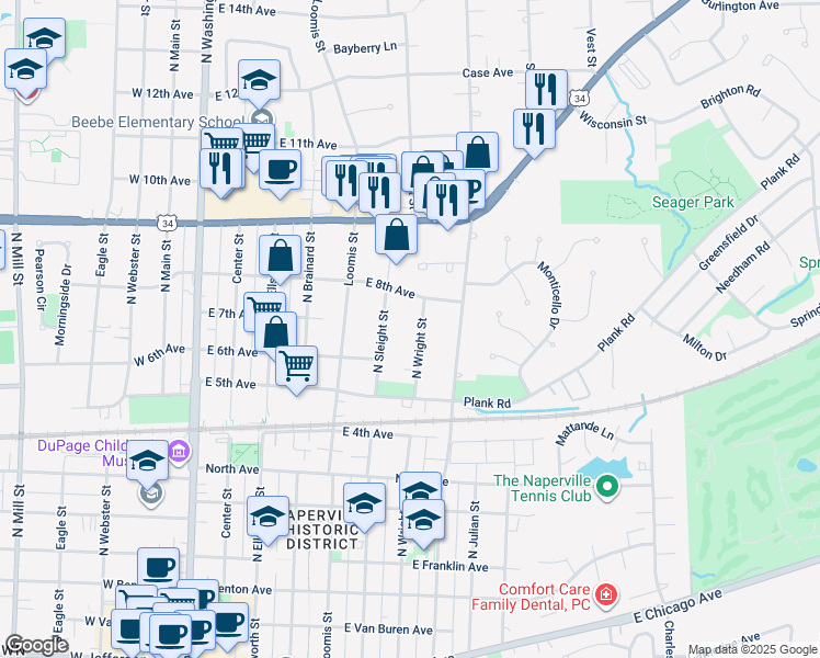 map of restaurants, bars, coffee shops, grocery stores, and more near 639 North Wright Street in Naperville