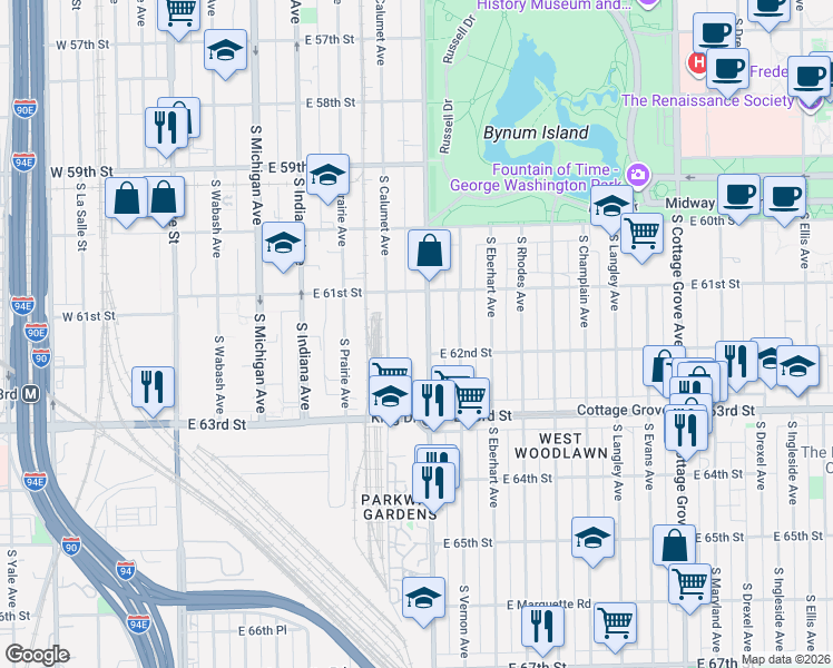 map of restaurants, bars, coffee shops, grocery stores, and more near 6154 South Doctor Martin Luther King Junior Drive in Chicago